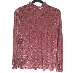 Rose Pink Velvet Burnout High Neck Victorian Smocked Modest Career Blouse Small